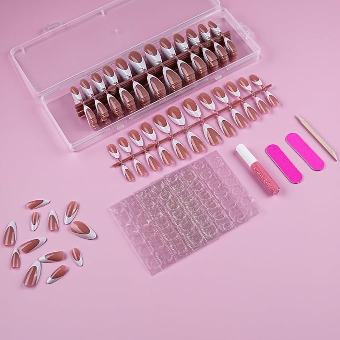 Lamemoria Pre-Design Medium Long Gel Almond French Tip Press On Nails, Brown Base White French Nail Tips, Salon False Fake Nail Kit with Glue/Tabs, 240 PCS