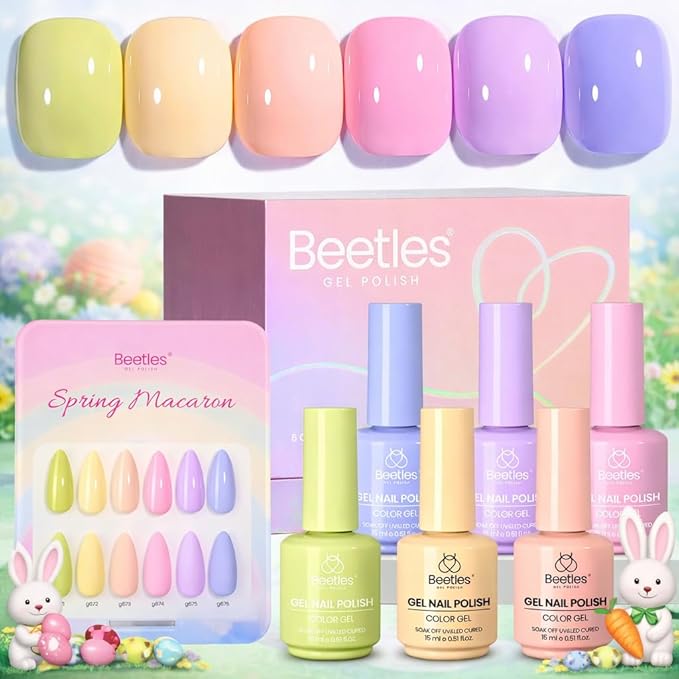 beetles Pastel Gel Polish Set - Spring Macaron Collection, 6 Colors 15ML Pastel Colors Easter Gel Polish with Color Swatch, Soak Off UV LED Spring Nail Art Kit for Women