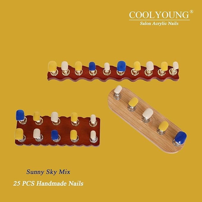 COOLYOUNG Press On Nails Short Square, Mixed Color - Blue, Yellow, Beige, Acrylic Fake Nails for Women, 25 PCS Handmade Nails