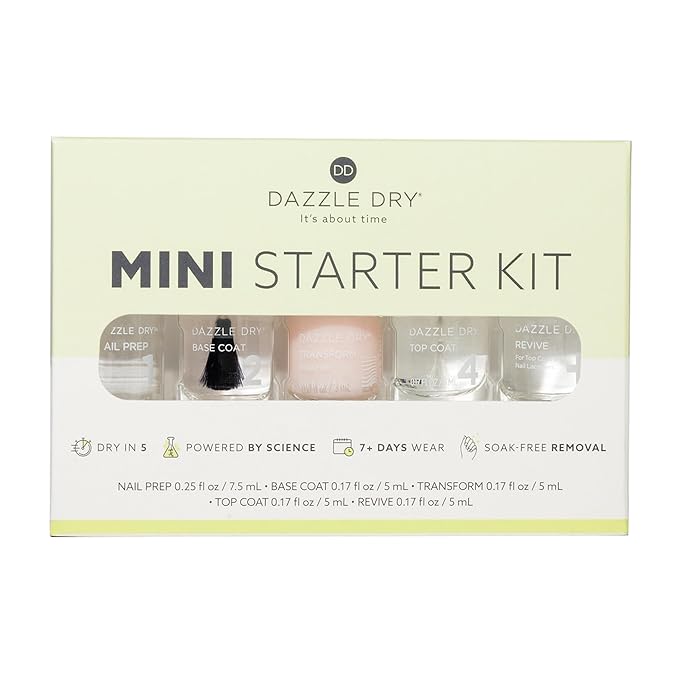 Dazzle Dry Complete Starter Mini Kit | Step 1 - Nail Prep, Step 2 - Base Coat, Step 4 - Top Coat, Transform - Ridge Filler & Revive - Polish & Top Coat Thinner.