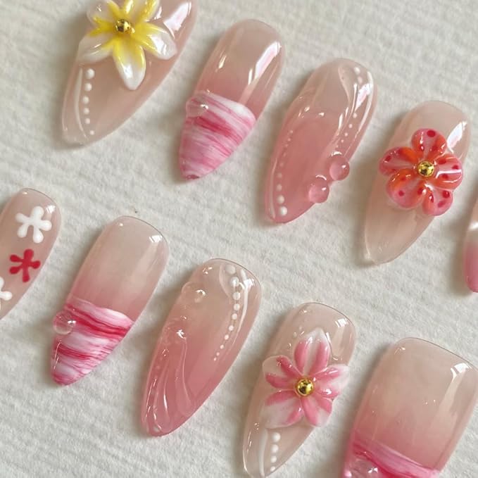 Handmade 3D French Art Press On Nails for Women - Reusable Medium Almond False Nails, 10PCS ABS Artificial Fingernails with Nail Tip Design for Salon & Home Use Size L