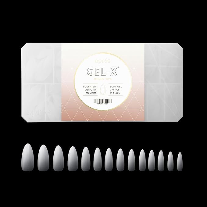 Apres Ombre Gel-X® Box of Nail Tips, 14 Sizes 00-9, Premium Quality (Sculpted Almond Medium, 210 Count)