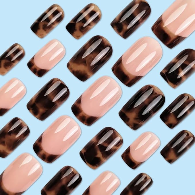 Brown Press on Nails Square Medium Fake Nails Leopard French Tip False Nails Gradient Glue on Nail Reusable Fall Acrylic Nails Full Cover Stick on Nail for Women Manicure 24Pcs