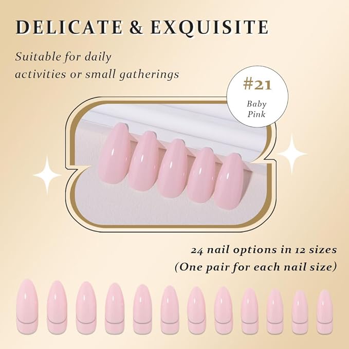 evpct Baby Pink Glossy Press on Nails Medium Almond for Women Gift, Glossy Pink Soft Gel Fake Nail Salon Quality with Nail Kit Set Kit, Full Cover Reusable Stick on Acrylic False Nails Perfectly Fit