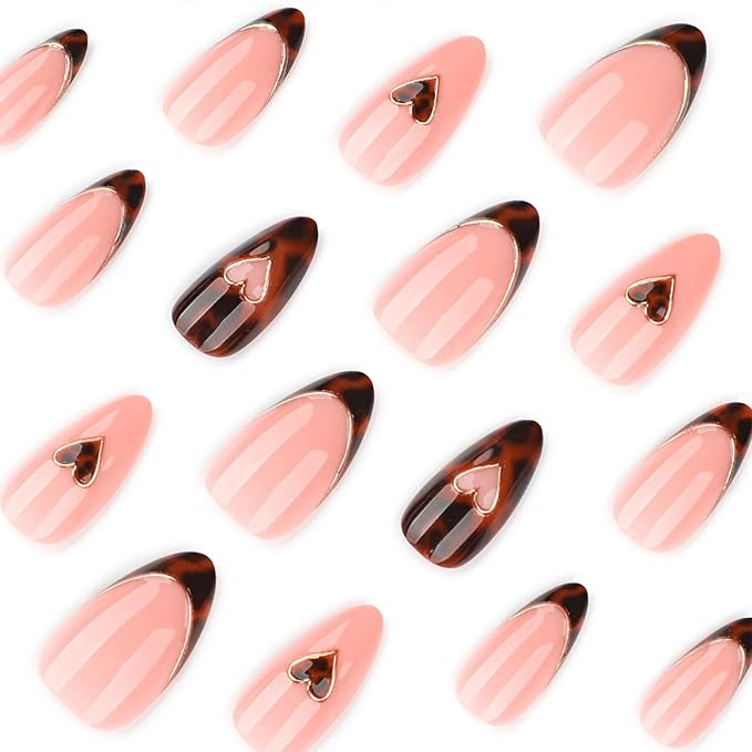 Medium Press On Nails Almond, Nude Pink French Tip Leopard Design with Gold Heart Detail, Glossy Acrylic Fake Nails, Reusable Stick On Nail Set 24pcs for Women, Chic Elegant Manicure