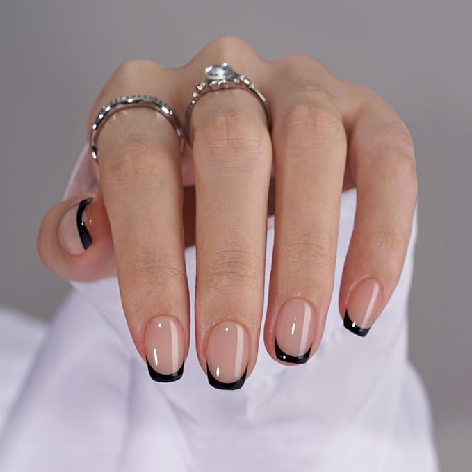 French Tip Press On Nails - BTArtbox Jelly Square Fake Nails with Nail Glue, Reusable Semi-Transparent Stick On Nails in 16 Sizes - 32PCS Soft Gel Glue On Nails Kit, Classic Black