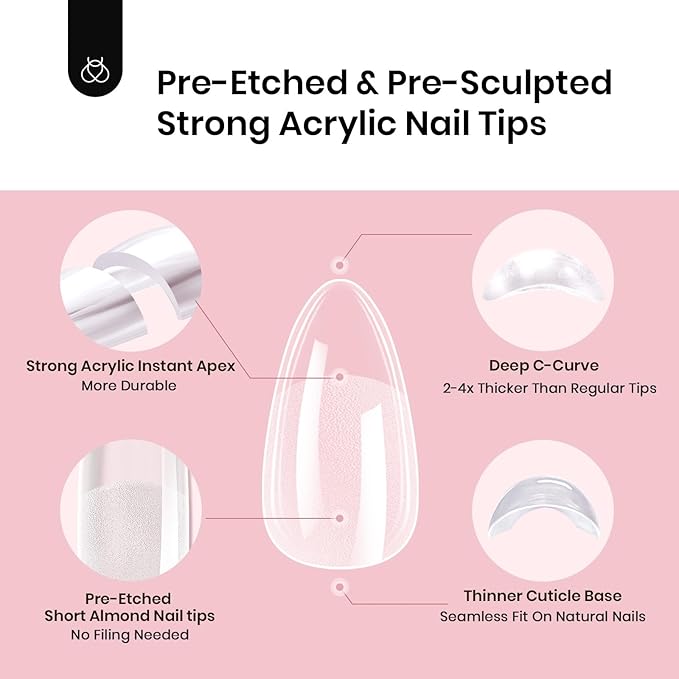 Beetles Tipex Instant Apex Nail Tips Almond Short 16 Sizes 192 Pcs Pre-Etched Pre-Building Strong Thick Acrylic Tips