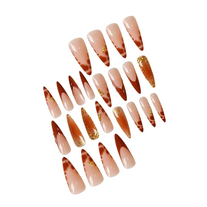 Long Press on Nails Almond Fake Nails Brown Artificial Nail with Gold Charm Designs Cute Leopard Stick on Nail for Women 24pcs