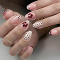 Polka Dot Fake Nails Short Almond Press on Nails French Tip Glue on Nail Flower False Nails Glossy Full Cover Nails Press Ons DIY Acrylic Stick on Nail for Women and Girls Decorations Set 24Pcs