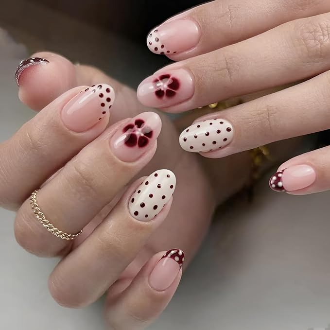 Polka Dot Fake Nails Short Almond Press on Nails French Tip Glue on Nail Flower False Nails Glossy Full Cover Nails Press Ons DIY Acrylic Stick on Nail for Women and Girls Decorations Set 24Pcs