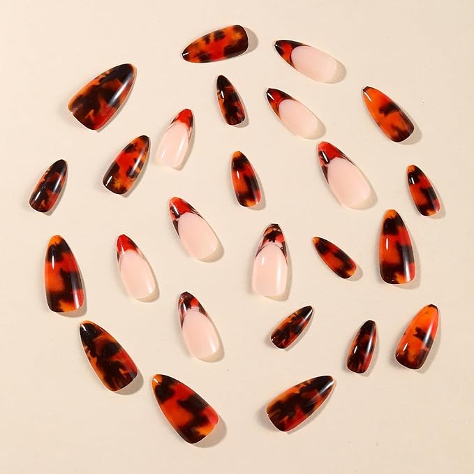 Press on Nails Medium Almond MABKJLF French Tip Fake Nails False Nails with Designs Ink Smudge Black & Orange Full Cover Glossy Glue on Nails Acrylic Nails for Women Girls 24 Pcs