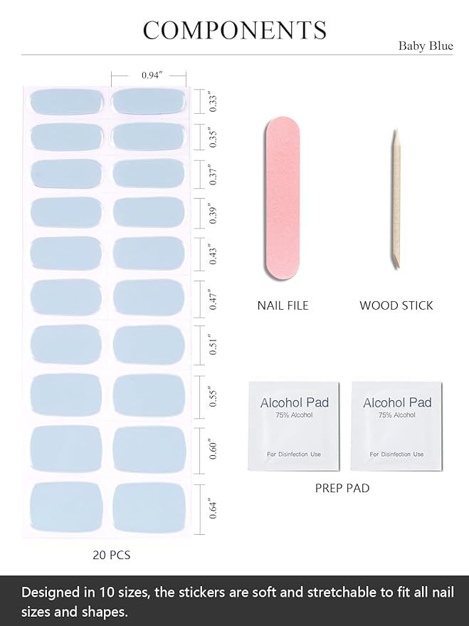 Semi Cured Gel Nail Strips (Baby Blue), 20 Pcs Gel Nail Wraps, Stickers, UV Light Required, Salon Quality, Long Lasting