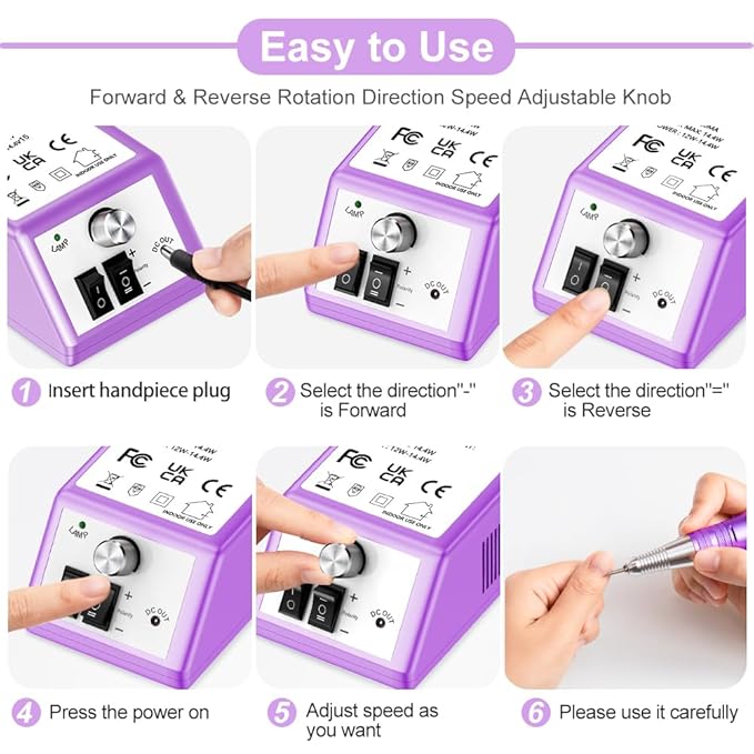 30000 RPM Professional Nail Drill Machine Efile Electric Nail Filer Kit for Finger Toe Nails, Acrylic Gel Dip Nails, Manicure Pedicure Drill with 6Pcs Bits and 106Pcs Sanding Bands, Purple