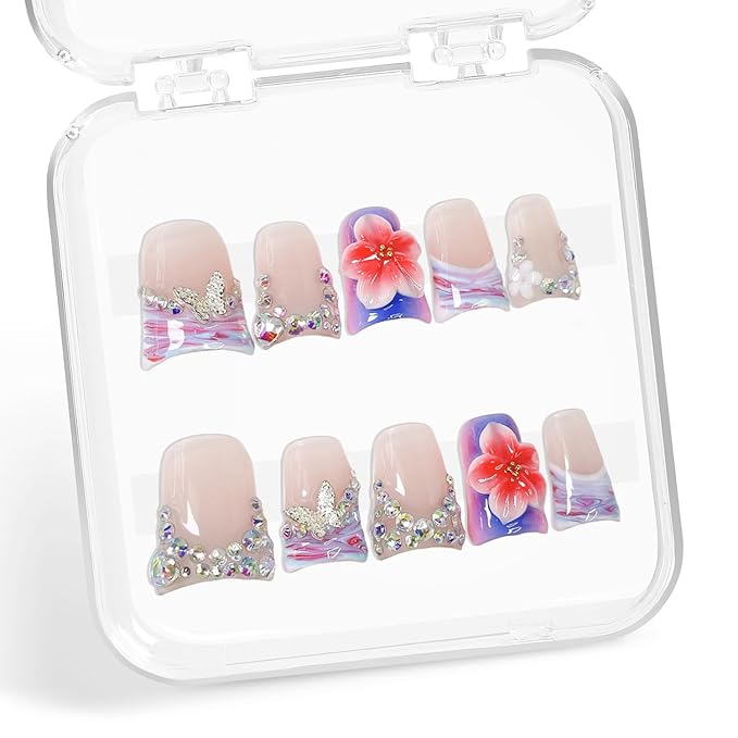 Duckbill Shape Handmade Press on Nails 3D Gradient Flower & Butterfly Designs Pink Purple French Tip Fake Nails Muti-Layer Gel False Nails with Colorful Rhinestones Stick on Nail for Women (Size M)