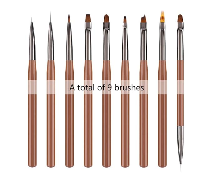 MIKOWEN 9PCS Nail Art Brushes Nail Art Tool Set Striping for Long Lines Nail Drawing Pen For Nail Design Brushes for Gel Polish Clean Up Brushes 3D Nail Art Decorations for DIY Manicure, Brown