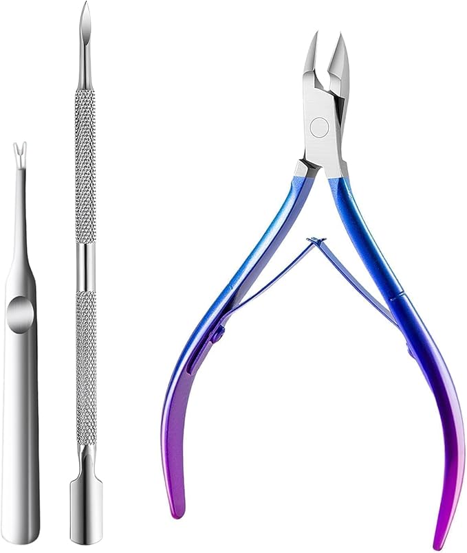 Cuticle Nipper, Polished Coated Durable Trimmer with Pusher, Nail Clipper with Fine Edge, Comfort Grip Cuticle Cutter and Remover Tool Kit for Nail Care (Blue+Pushers-1 SET)