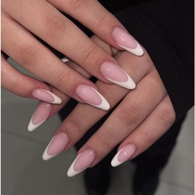 Lamemoria Pre-Design Geled Almond French Tip Press On Nails,Medium White French Nail Tips, Basic Salon Fake Nail Kit Set With Glue/Tabs/File, 240 PCS