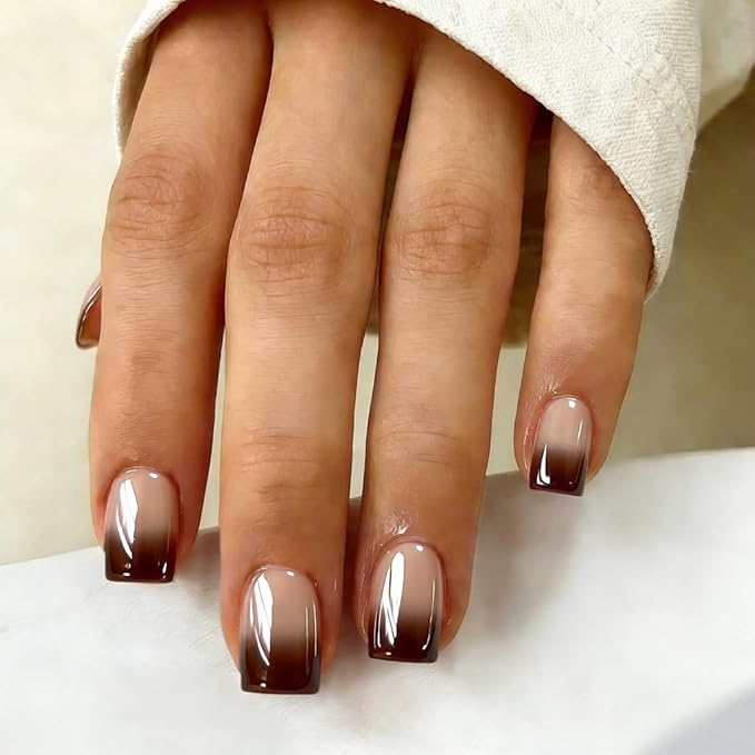 Chrome Ombre Brown Press on Nails Short Square, Glazed Cute Fake Nails with Sparkle Mirror Design, Shiny Glitter Glue on Nails Short, Gradient Nude Gel Nail Press ons with Glue 30 Pcs