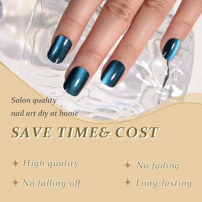 Cat Eye Green Press On Nails Short Square, Designer Reusable Acrylic Fake Nails with Glue, Glossy Soft Gel Nails Wedding and Party, Stick On Glue On Nails, Nails Press Ons fro Women