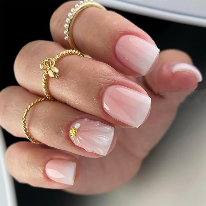24pcs French Press on Nails Short Square Pink White Gradient With Charms Designs Glossy Glue on Cute False Full Cover Artificial for Women Girl Decoration