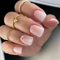 24pcs French Press on Nails Short Square Pink White Gradient With Charms Designs Glossy Glue on Cute False Full Cover Artificial for Women Girl Decoration