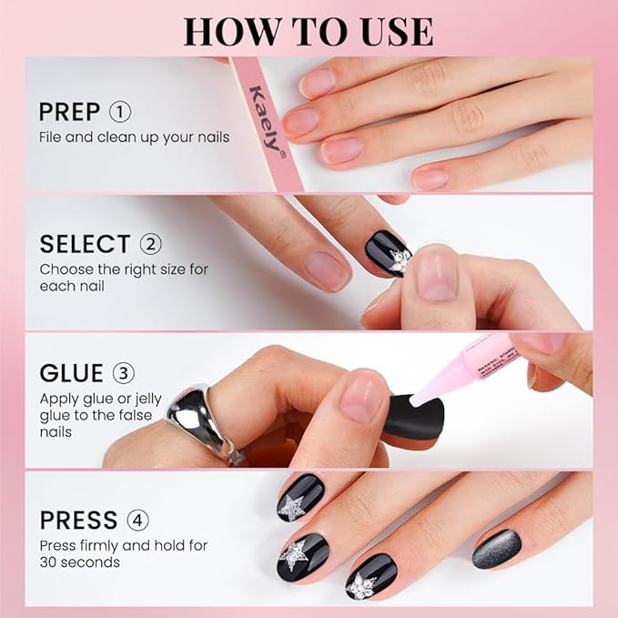 evpct Black Goth Cat Eye Short Press on Nails Oval, Short Oval Stick on Nail for Women Gift, Gothic Silver Star Metallic Glitter Glossy Reusable Spring Summer Press on Acrylic Fake Nail with Design