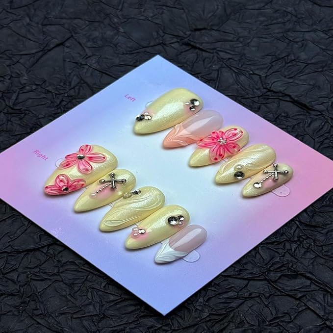 100% Handmade Press on Nails Medium Almond Handmade Nails with Rhinestone Pink Flower Charm Design Beige False Nails White French Tip Nail Press ons Spring Summer Fake Nails for Women Size M 10Pcs