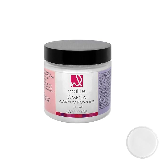 Omega – Professional Acrylic Powder for Nail Extension System, Extra Adhesion, Resistant, EMA Formula and Non-Yellowing Effect – Clear (4 Oz.)