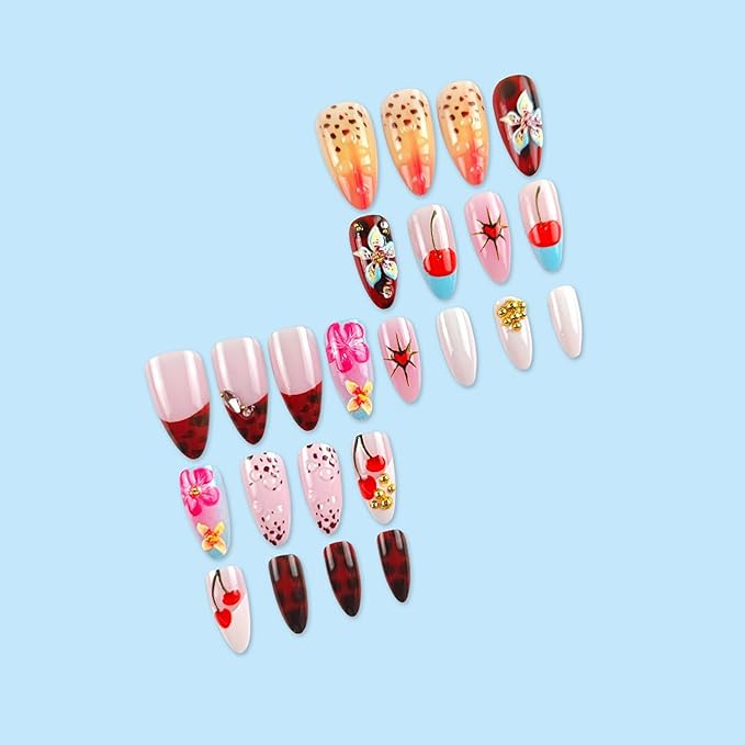 Handmade Press on Nails Medium Almond MABKJLF Fake Nails 3D False Nails with Flower Cherry Leopard Print Gold Ball Designs Glossy Glue on Nail Full Cover Acrylic Nails for Women Girls 24Pcs