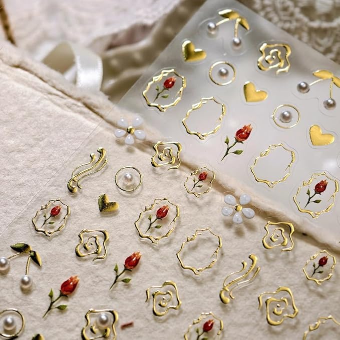 Flower Nail Stickers 3D Self Adhesive Tulip Floral Nail Art Stickers 5D Embossed Pearl Hearts Nail Decals Gold Lines Nail Art Supplies Cute Nail Design for Women Girls 1 Sheets