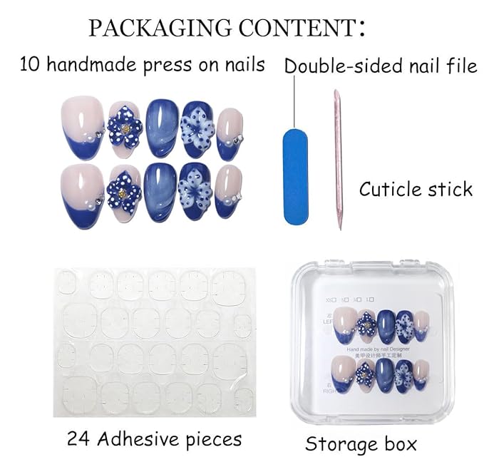 10Pcs Short Almond Handmade Press On Nails | Nude Pink & Royal Blue French Tip with 3D Floral, Pearl & Rhinestone Decor | Reusable Salon-Quality Fake Nails for Women and Girls (PZ02, S)