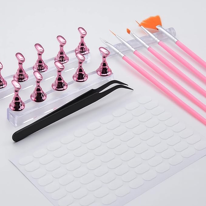 Nail Art Tools Set – 15pcs Nail Art Brushes, 5pcs Dual-Ended Dotting Pens, Nail Stand & Holder Kit, Brush Rack, Tweezers & Tape for DIY Nail Design