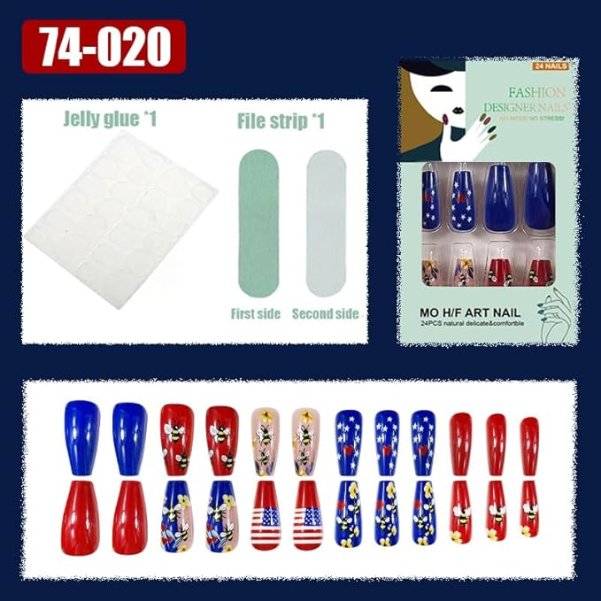 24Pcs Independence Day Press on Nails Medium Coffin Fake Nails Blue Red Heart Patriotic False Nails Cute Bee Summer Acrylic Nails Full Cover Glue on Nails for Women 4th of July
