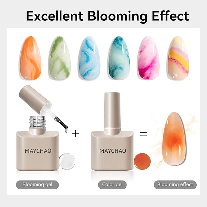 MAYCHAO 15ml Clear Blooming Gel Nail Polish, UV LED Blossom Gel Polish for Spreading Effect Marble Floral Print Watercolor Nail Art Design for Home Nail DIY Manicure, 0.5 Fl Oz