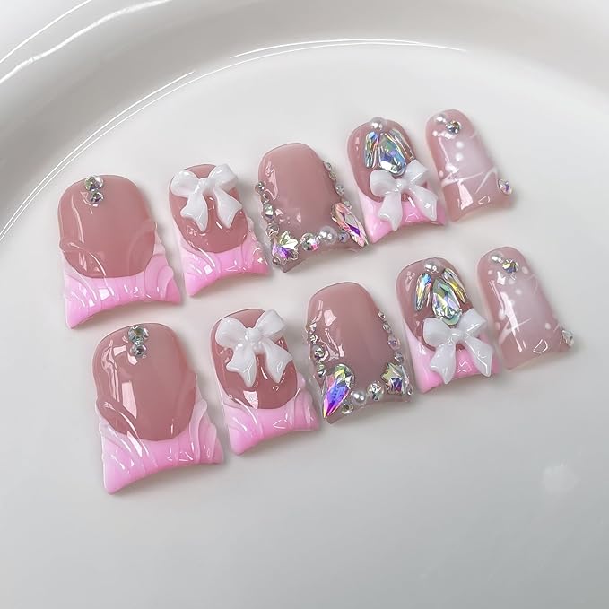 Luxury Press on Nails Short Duck Handmade 3D Unique Reusable ABS Material Fake Nails Pink French Tip False Nails with Designs Bow Rhinestones Glossy Glue on Nail Thick Acrylic Nail(M)