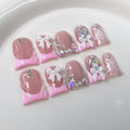 Luxury Press on Nails Short Duck Handmade 3D Unique Reusable ABS Material Fake Nails Pink French Tip False Nails with Designs Bow Rhinestones Glossy Glue on Nail Thick Acrylic Nail(M)