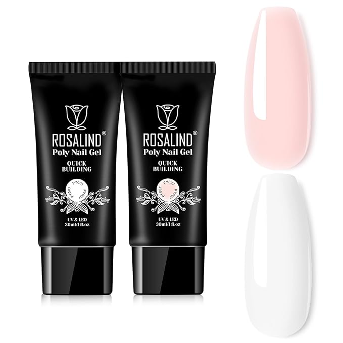 ROSALIND Soft Pink&White Poly Extension Gel for Nails, 2 PCS 1oz/30ml White Poly Nail Gel Light Pink Poly Builder Acrylic Extension, Poly Nail Colors in Tube