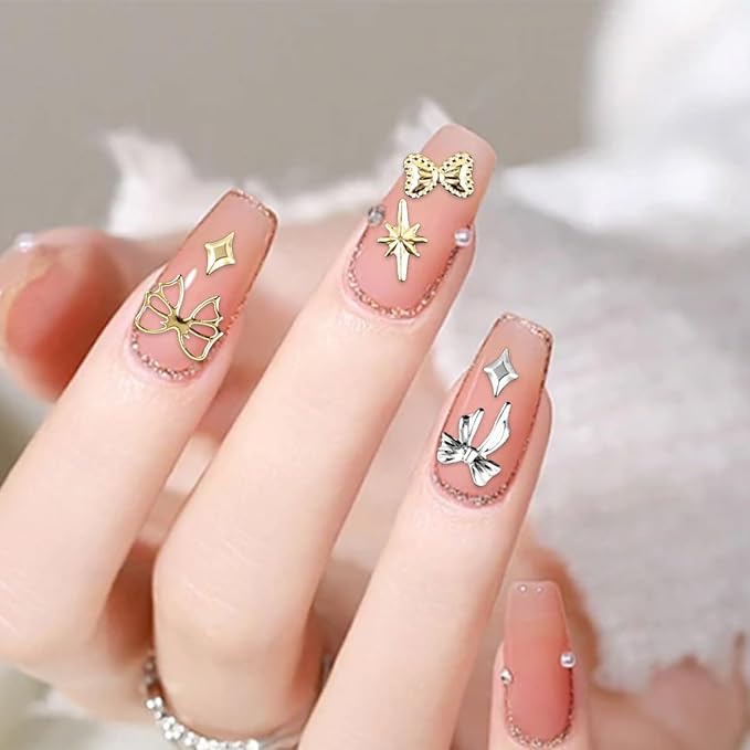 Gold Silver 3D Nail Charms, 2Boxes 24Grids Bow Star Nail Gems Nail Studs,Punk Metal Alloy Rivet Stickers Bowknot Nail Art Decorations Accessories for Nail Art Design DIY Crafts (Gold Silver A)