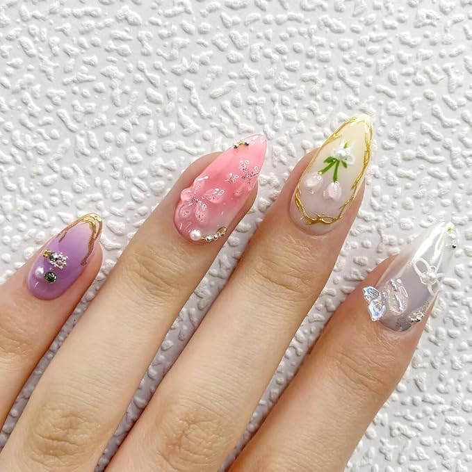 Press On Nails Handmade French Nails for Women, Reusable Medium Almond False Nails, 10PCS ABS Artificial Fingernails with Tip Designs for Salon & Home Use Size L