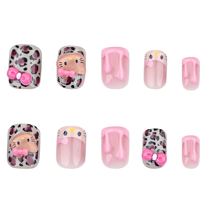 Cute Press on Nails Short Square Fake Nails with 3D French Cute Kawaii Design Leopard Pink Press ons Cartoon Nail Tip Artificial Acrylic Nail Cute False Nails for Women Manicure 24Pcs