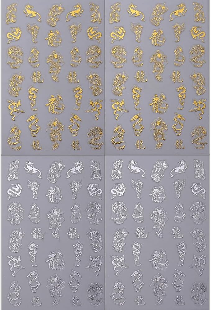 3D Gold Silver Dragon Nail Art Stickers for Designs - Bronzing Metallic Decals - Chinese Dragons Nail Supplies