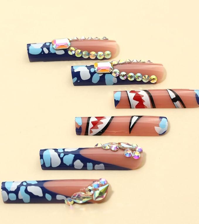 Press on Nails Square - Extra Long Fake Nails with 3D Rhinestones and Bows, Blue French Tips False Nail with Glue Sticker, Stick On Nails for Women, 12 Sizes - 24 Nail Kit, Arctic Gleam