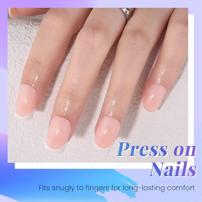 Nude+White French Tips Press on Nails, Short Square Acrylic Fake Nails Design, Natural Reusable Glue-On Nails Kit for Women DIY False Nail Art Decoration Gift, Salon Quality Reusable 32 Pcs