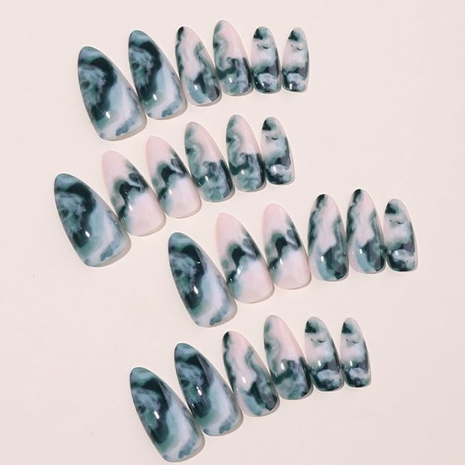 Press On Almond Medium Green False Nails with Gradient Marble Design - Glossy Acrylic Full Cover Glue on Nails - 24 Pcs