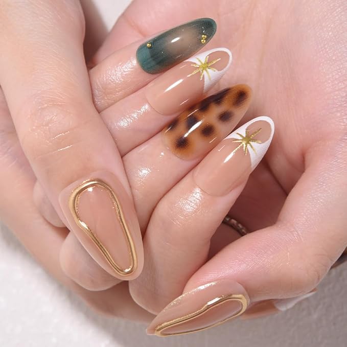 evpct Nude Pink Press on Nails Short Almond with Green Nails, Sexy Brown French Tip Stick on Nail for Women, Reusable Full Cover Soft Press on Fake Nail with 3D Gold Line Design Perfectly Fit