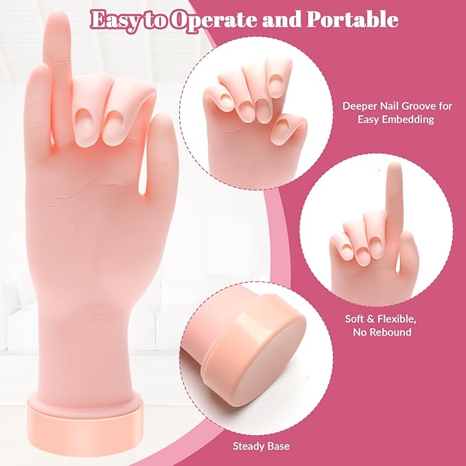 Practice Hand for Acrylic Nails Flexible Bending Nail Practice Hand Training Fake Hand Nail Hand Practice Tools with 100PCS Nail Tips, 120PCS Jelly Double Sided Nail Adhesives and 9PCS Brush