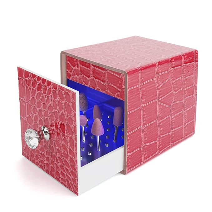 Nail Drill Bit Holder,Blue UV Light Box for Grinding Heads Dustproof Stand Displayer Acrylic 48 Holes Nail Salon Organizers Manicure Tools with USB Charging, Pink (Not Inlcude Drill Bits)