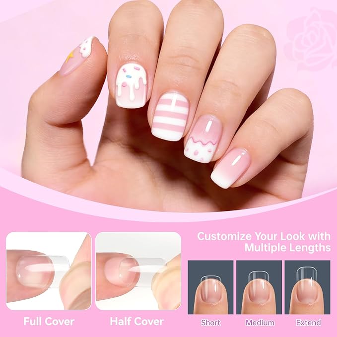 Ranrose 360Pcs Kids Press on Nails for Girls 9-12 years old - Pre-Shaped Clear Suqare Kid Nail Tips,Full Cover Soft Gel Fake Nail for Kids Nail Extensions,Birthday Family Activities,Parties