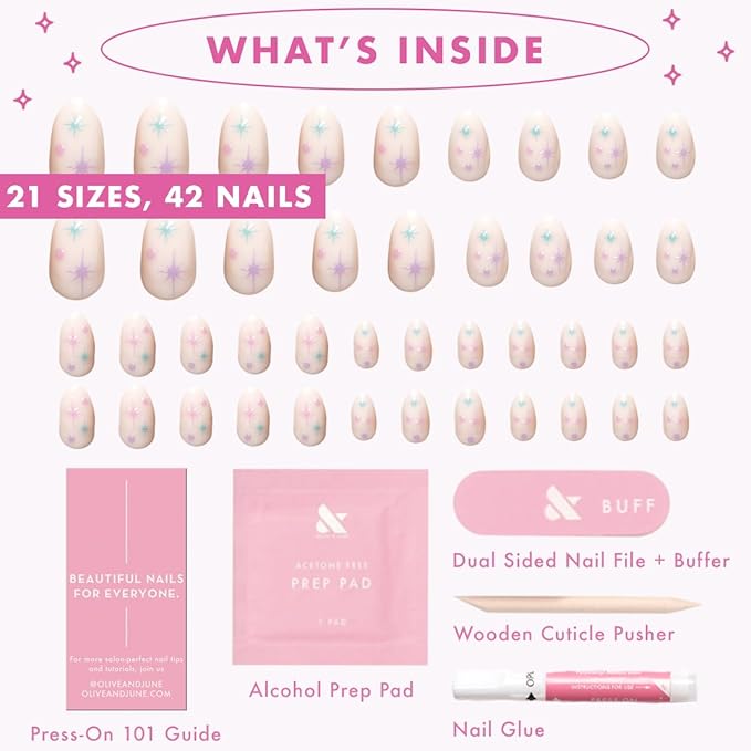 Olive & June Maximalist Instant Mani Press-On Nails (Glue) | 42 Fake Nails, 21 Sizes | Non-Toxic, Long-Lasting Big, Bold Gorgeous Realistic Look | Salon-Quality | Short, Almond | Sparkle Party