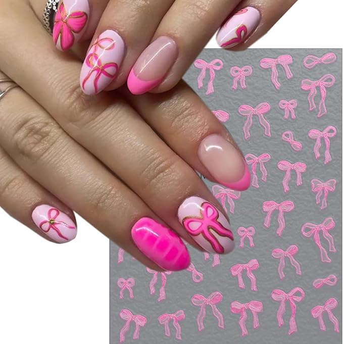 5D Bow Nail Stickers for Nail Art Embossed Self Adhesive Bow Nail Decals Pink White Ribbon Bows Design Cute Nail Art Stickers Lace Bows Nail Supplies for Women Valentines Nail Decorations 3Sheets